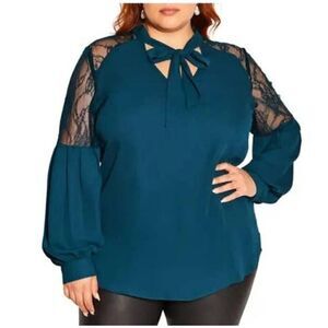 City Chic Mysterious Lace Balloon Sleeve Hunter Green Top/Blouse Size Small
